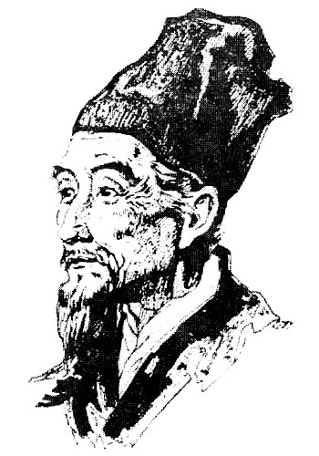 Black and white illustration of an Asian old man with beard and pointy hat